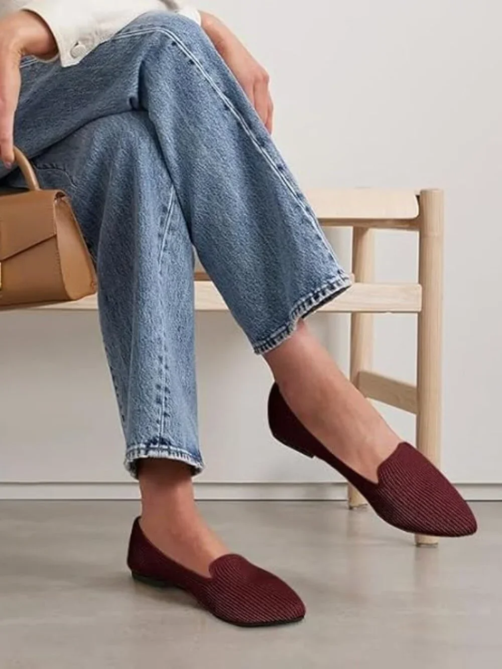 Women's Red Pointed Toe Knit Ballet Flats Washable Important Work Shoes
